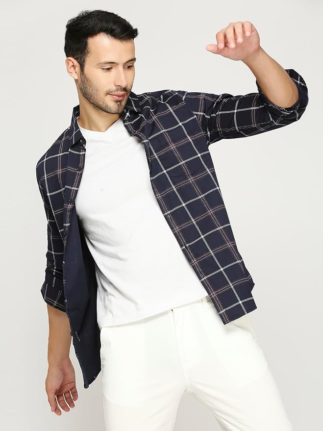 Men's Cotton Slim Fit Windowpane Grid Checked Casual Shirt