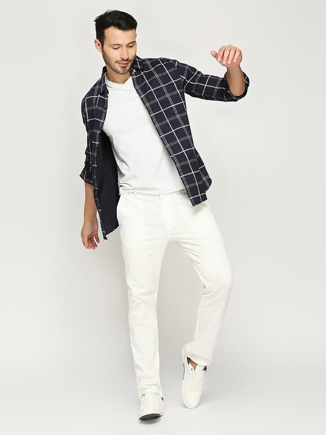 Men's Cotton Slim Fit Windowpane Grid Checked Casual Shirt