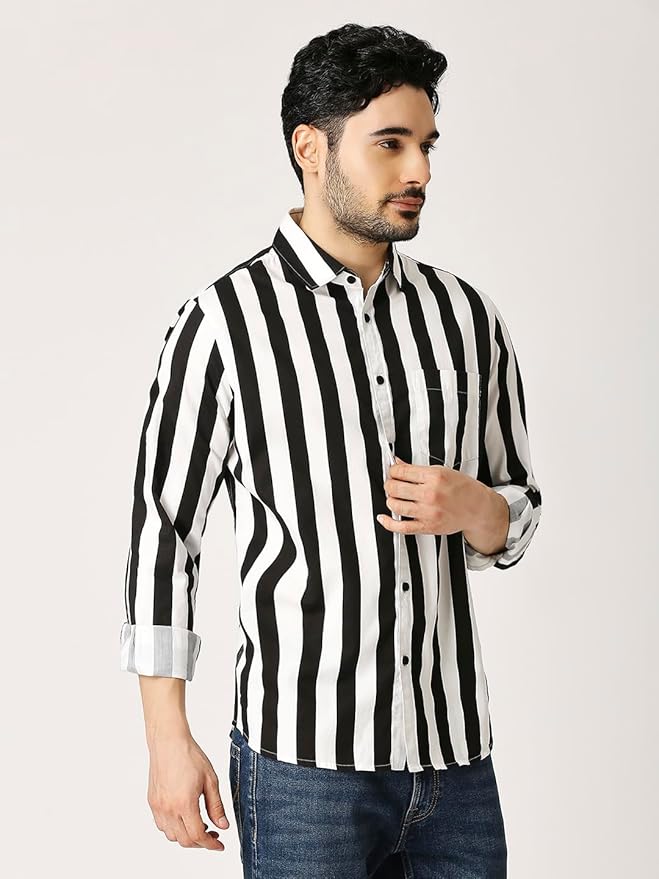 Slim Fit Pure Cotton Monochrome Striped Casual Shirt
