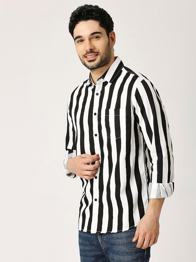 Slim Fit Pure Cotton Monochrome Striped Casual Shirt