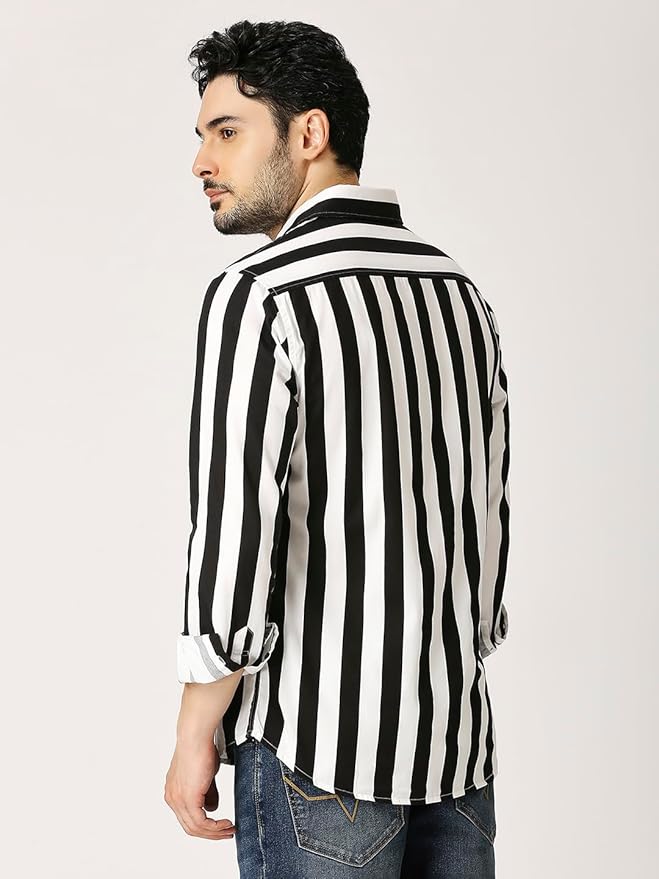 Slim Fit Pure Cotton Monochrome Striped Casual Shirt