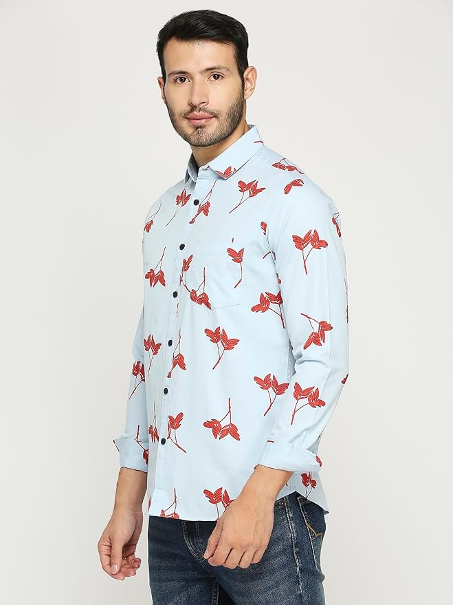 Men's Cotton Slim Fit Leaf Print Full-Sleeve Shirt