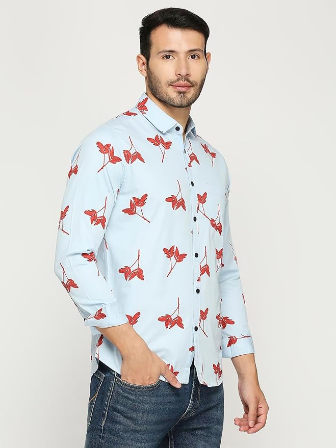 Men's Cotton Slim Fit Leaf Print Full-Sleeve Shirt