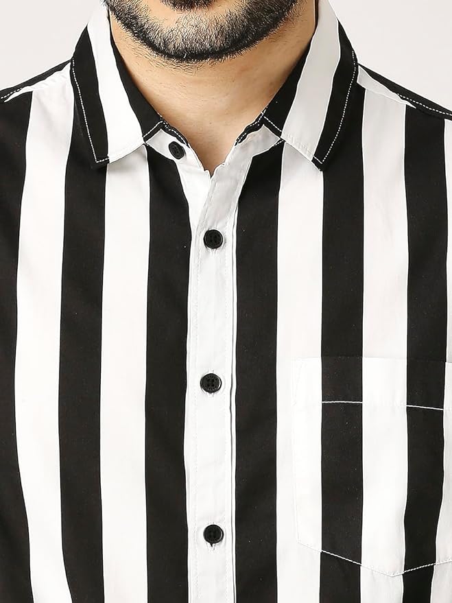 Slim Fit Pure Cotton Monochrome Striped Casual Shirt