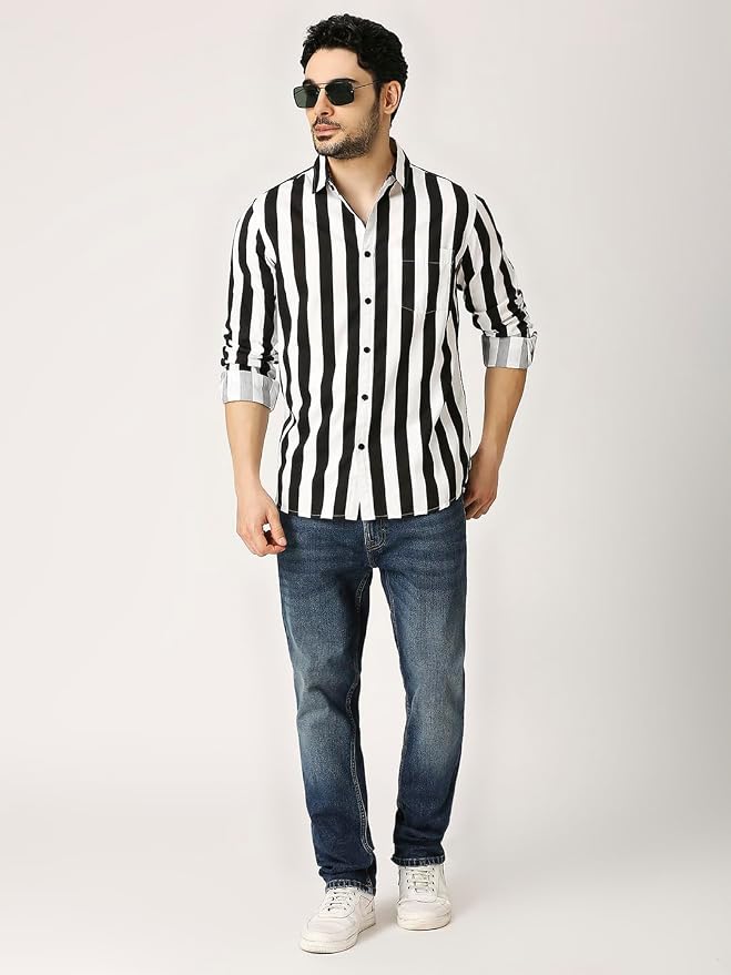 Slim Fit Pure Cotton Monochrome Striped Casual Shirt