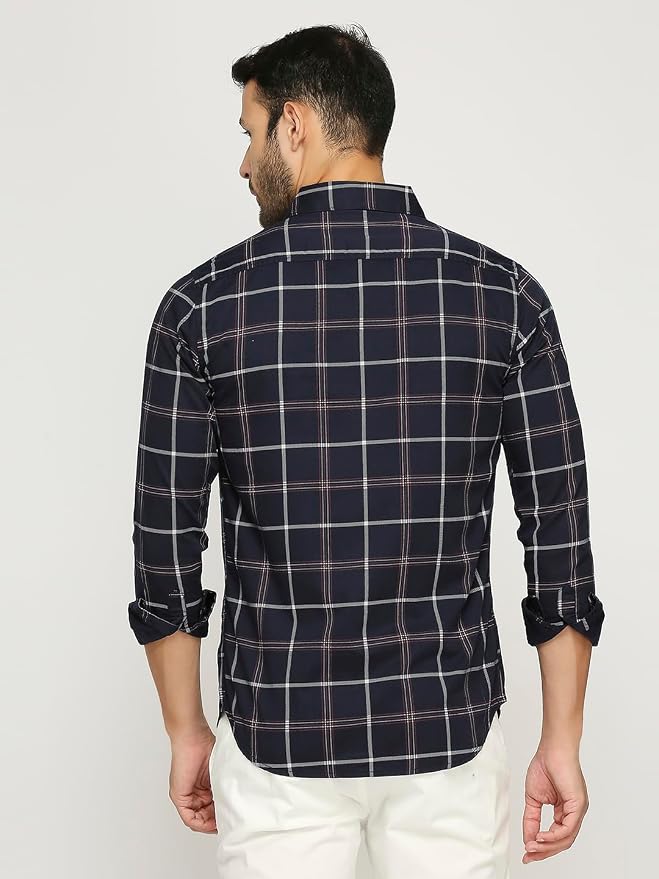 Men's Cotton Slim Fit Windowpane Grid Checked Casual Shirt