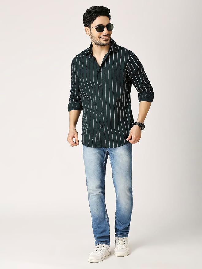 Premium Vertical Pinstripe Shirt - Bottle Green