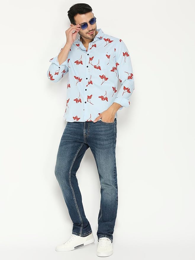 Men's Cotton Slim Fit Leaf Print Full-Sleeve Shirt