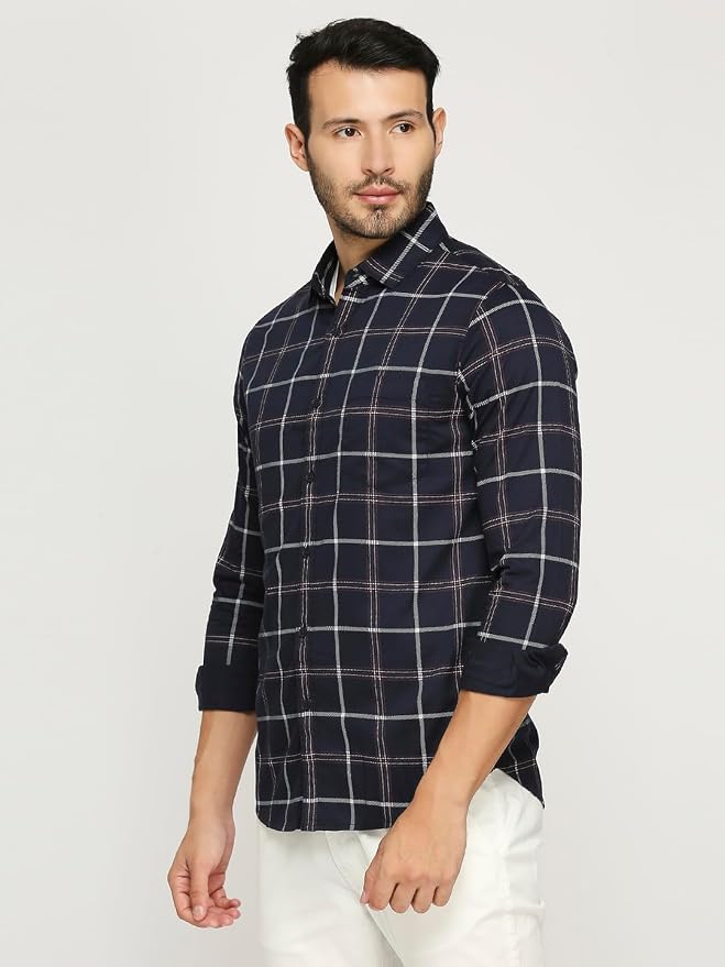 Men's Cotton Slim Fit Windowpane Grid Checked Casual Shirt