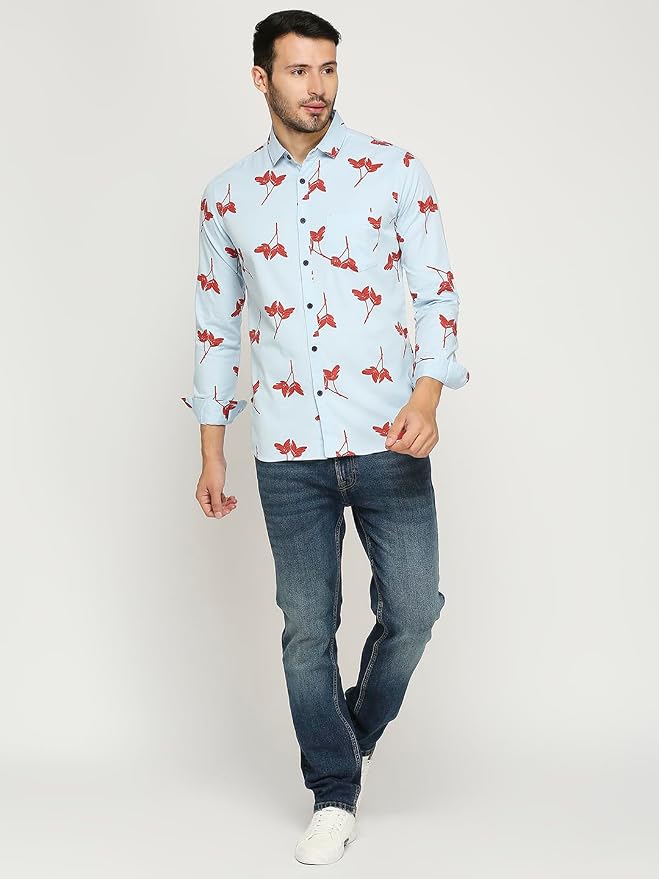 Men's Cotton Slim Fit Leaf Print Full-Sleeve Shirt
