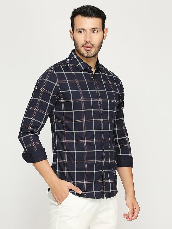 Men's Cotton Slim Fit Windowpane Grid Checked Casual Shirt