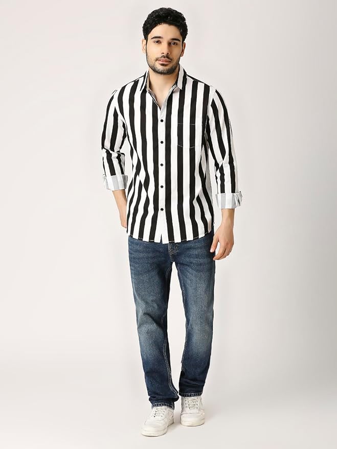 Slim Fit Pure Cotton Monochrome Striped Casual Shirt