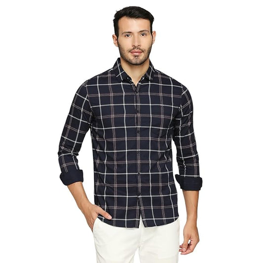 Men's Cotton Slim Fit Windowpane Grid Checked Casual Shirt