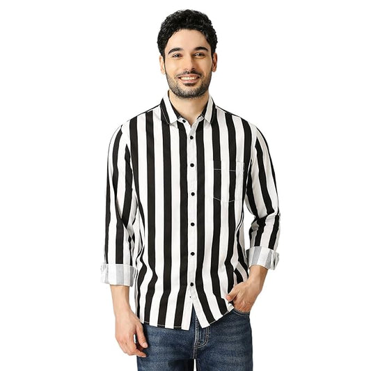 Slim Fit Pure Cotton Monochrome Striped Casual Shirt