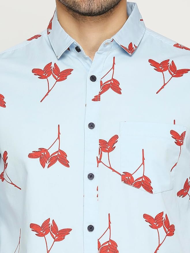 Men's Cotton Slim Fit Leaf Print Full-Sleeve Shirt