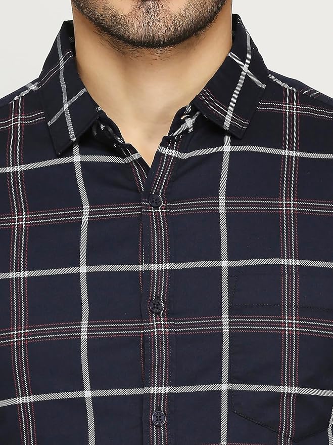 Men's Cotton Slim Fit Windowpane Grid Checked Casual Shirt