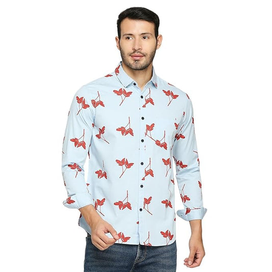 Men's Cotton Slim Fit Leaf Print Full-Sleeve Shirt